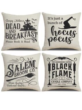 4x Hocus Pocus Halloween Square Pillowcases 17.25" x 17.25" Black & White Covers